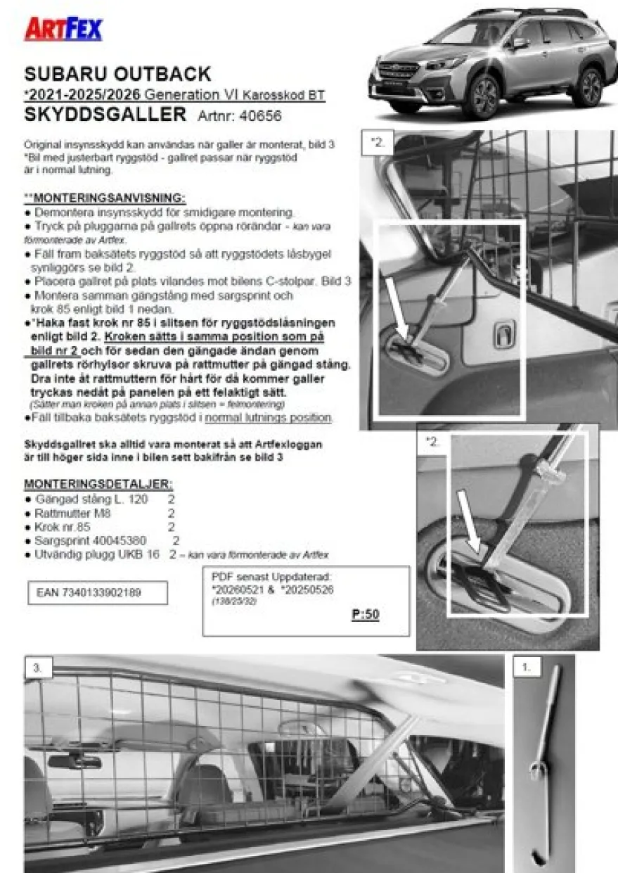 Artfex Lastgaller / Hundgaller Subaru Outback VI BT 2020-2026