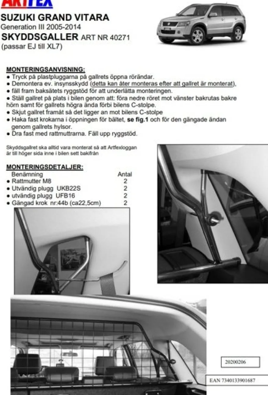 Artfex Lastgaller / Hundgaller Suzuki Grand Vitara III 2005-2014